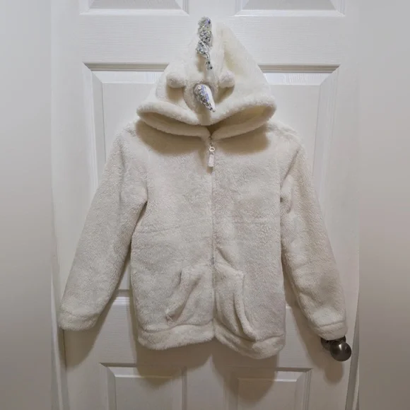 Cat & Jax White Faux Fur Fleece Coat with Sequin Wings and Unicorn Hood - Picture 4 of 5